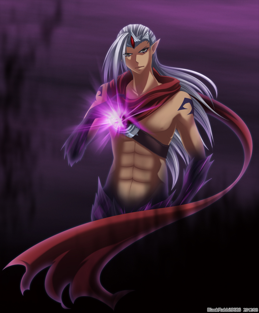 1boy abs bare_shoulders bottomless cape glowing grey_eyes league_of_legends long_hair looking_at_viewer male midriff muscle pointy_ears rokugatsu_no_usagi signature silver_eyes silver_hair solo strap topless varus