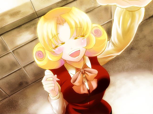 blonde_hair blush closed_eyes curly_hair dress elly happy headwear_removed long_sleeves maro4 open_mouth red_dress ribbon short_hair smile solo touhou touhou_(pc-98)