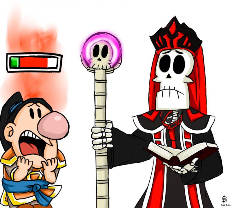 book crown frown glowing grim_(grim_adventures) happle health_bar karthus league_of_legends open_mouth parody ponytail signature skeleton skull staff style_parody teeth the_grim_adventures_of_billy_&amp;_mandy tongue xin_zhao