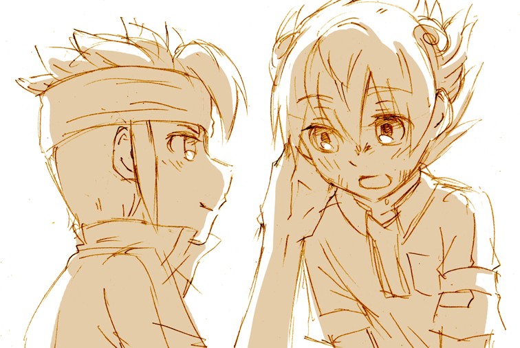 2boys cr72 endou_mamoru headband inazuma_eleven inazuma_eleven_(series) inazuma_eleven_go male matsukaze_tenma monochrome multiple_boys sketch white_background