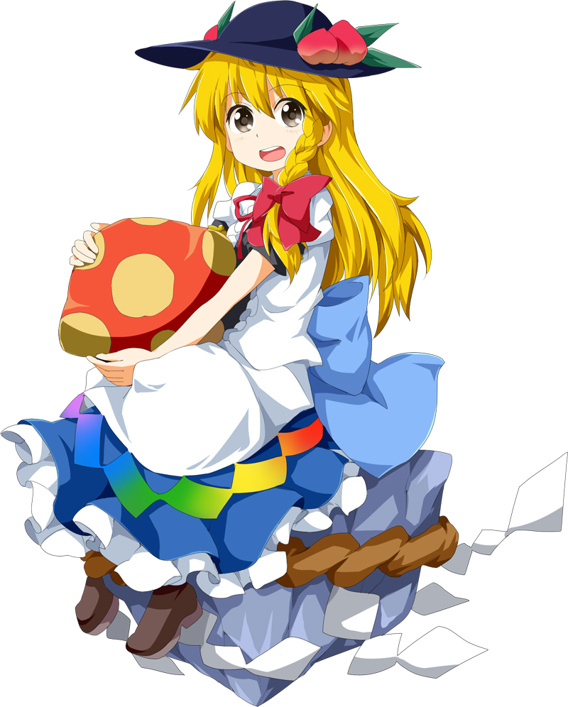 blonde_hair cosplay food fruit hat hinanawi_tenshi hinanawi_tenshi_(cosplay) kirisame_marisa long_skirt mushroom new_super_marisa_land peach sitting skirt touhou tsurukou_(tksymkw)