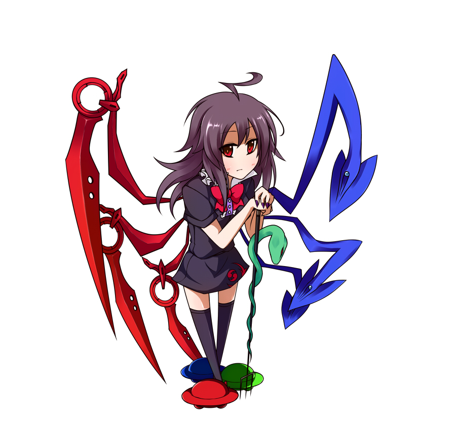 ahoge asymmetrical_wings black_hair black_legwear bow earlgrey houjuu_nue long_hair no_nose polearm red_eyes short_sleeves simple_background snake solo thigh-highs thighhighs touhou trident ufo weapon white_background wings