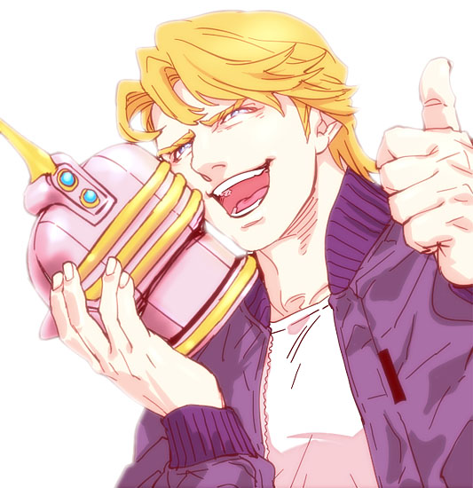 blonde_hair blue_jacket bomber_jacket helmet jacket keith_goodman mamemo_(daifuku_mame) sky_high solo thumbs_up tiger_&amp;_bunny