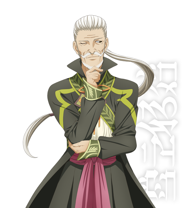 beard coat facial_hair grey_eyes long_hair low-tied_long_hair male mustache official_art old_man rowen_j._ilbert smile solo tales_of_(series) tales_of_xillia transparent_background white_background white_hair wink