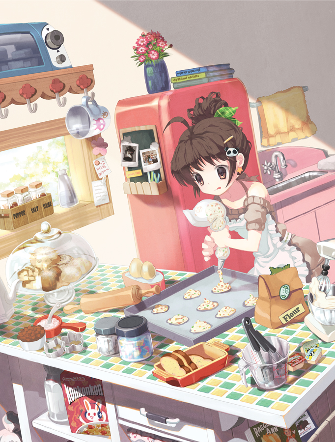 :q ahoge animal_hair_ornament apron book bowl bread brown_eyes brown_hair cereal checkered cooking cup drawer egg flour flower food hair_ornament holding icing jug kitchen mintchoco original panda_hair_ornament pastry_bag plant ponytail potted_plant refrigerator rolling_pin side_ponytail sink solo tongue whisk window