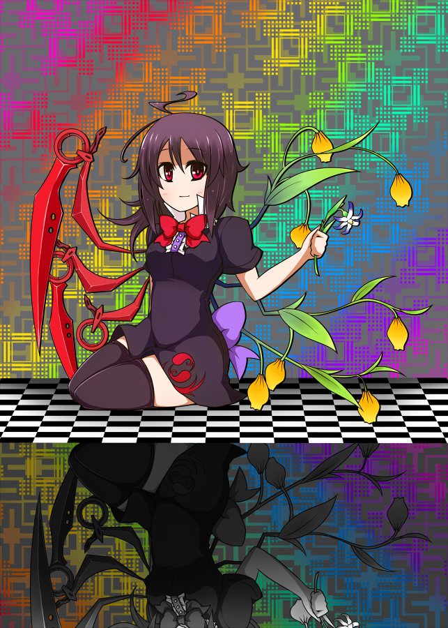ahoge asymmetrical_wings black_hair black_legwear bow checkered checkered_floor earlgrey flower gradient gradient_background houjuu_nue no_nose red_eyes reflection short_hair short_sleeves sitting smile solo thigh-highs thighhighs touhou wings