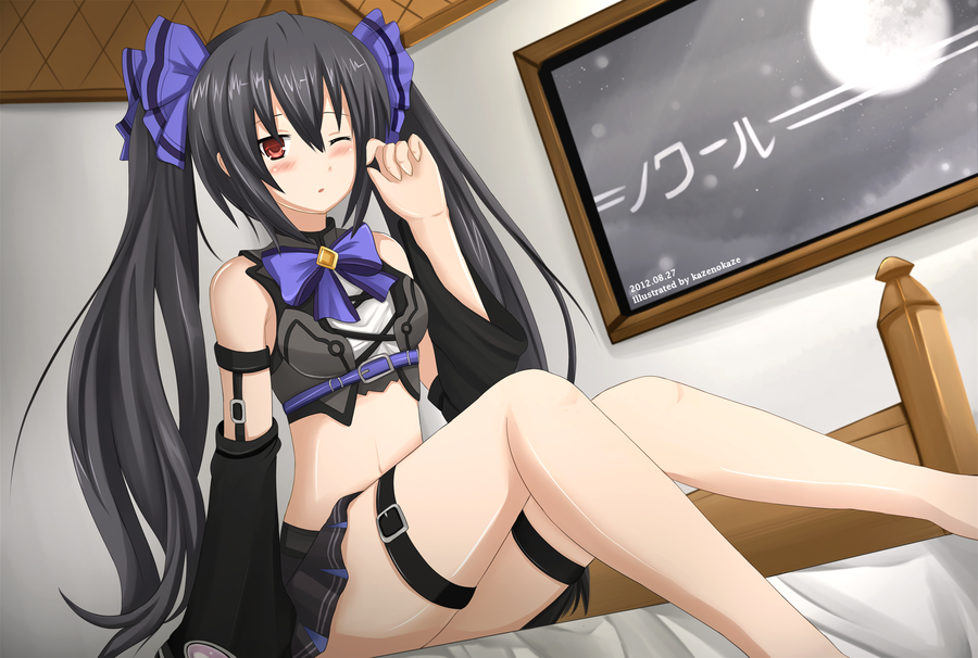 1girl :o bare_shoulders black_hair blush bow breasts character_name choujigen_game_neptune detached_sleeves ears hair_bow hair_ornament kami_jigen_game_neptune_v kazenokaze long_hair looking_at_viewer midriff moon navel noire open_mouth red_eyes solo twintails very_long_hair wink