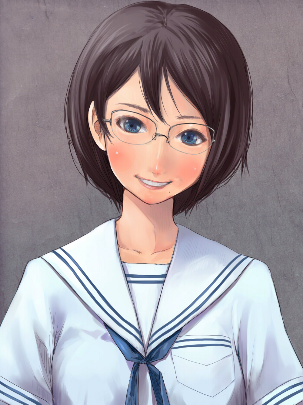 black_hair blue_eyes bust face glasses grin highres mole original school_uniform shigureteki short_hair smile solo