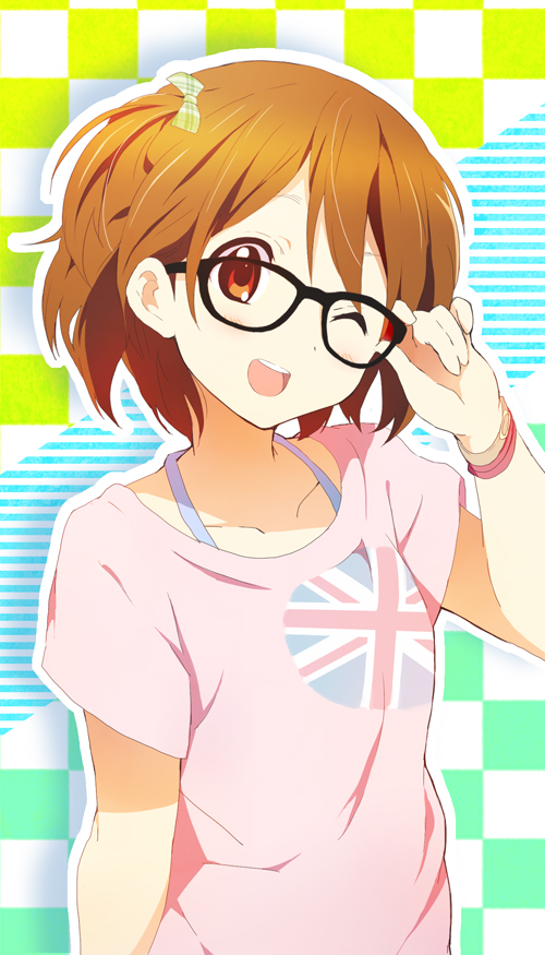 ;d bespectacled blush bow brown_eyes brown_hair casual glasses hatasuke hirasawa_yui k-on! open_mouth short_hair smile solo union_jack wink