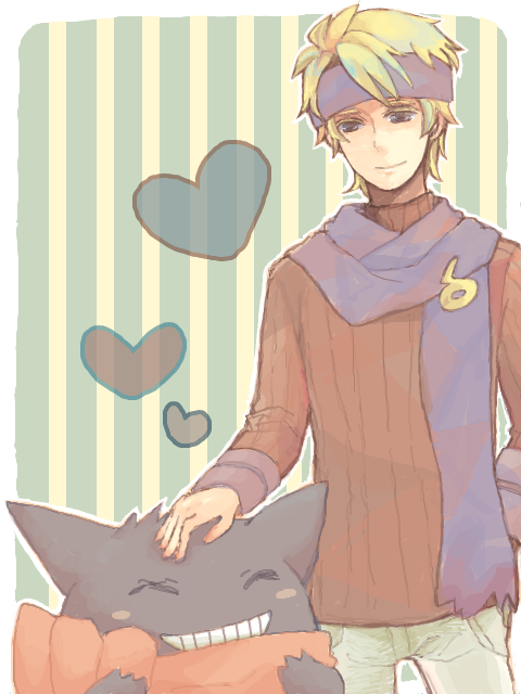 1boy blonde_hair blush_stickers gengar headband heart male matsuba_(pokemon) pokemon pokemon_(creature) pokemon_(game) pokemon_hgss scarf simple_background smile striped striped_background tegaki