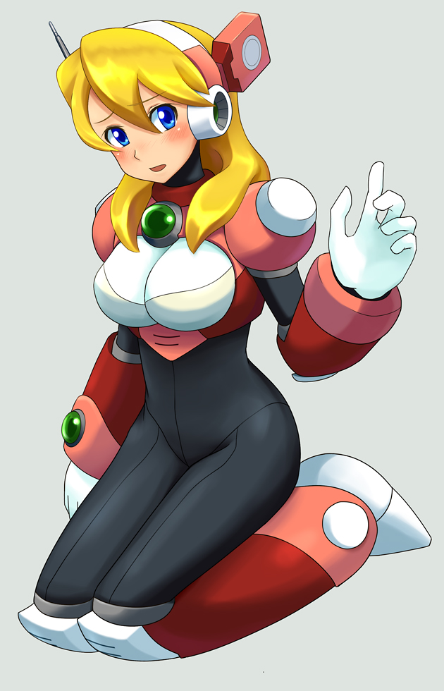 alia_(rockman) android armor blonde_hair breasts green_eyes hairband long_hair ni-jo open_mouth robot rockman rockman_x solo
