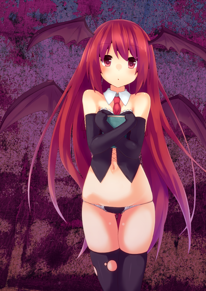 bat_wings black_gloves black_legwear black_panties book book_hug bustier corsage detached_collar elbow_gloves gloves head_wings koakuma lace-trimmed_panties long_hair looking_at_viewer lowleg lowleg_panties midriff mokoke navel necktie panties red_eyes red_hair redhead skindentation solo thigh-highs thighhighs torn_thighhighs touhou underwear underwear_only very_long_hair wings