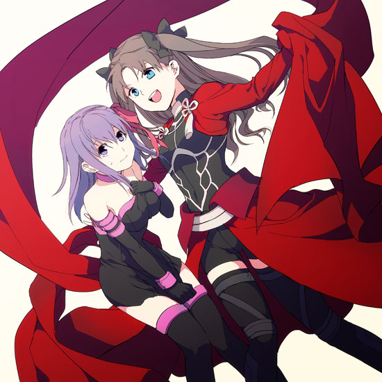 2girls archer archer_(cosplay) blue_eyes brown_hair cosplay covering dutch_angle elbow_gloves fate/stay_night fate_(series) hair_bow hair_ornament hair_ribbon leaning_forward long_hair looking_at_viewer matching_hair/eyes matou_sakura multiple_girls purple_eyes purple_hair ribbon rider rider_(cosplay) siblings simple_background sisters smi smile standing sweatdrop thigh-highs thighhighs tohsaka_rin toosaka_rin two-side-up two_side_up violet_eyes white_background zettai_ryouiki