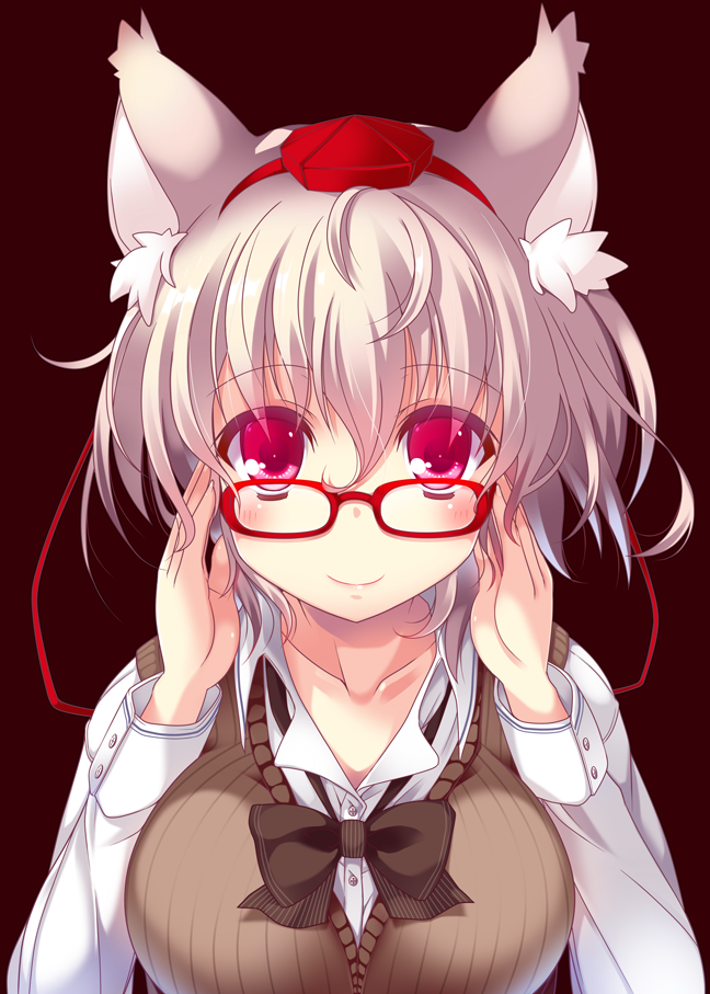 adjusting_glasses alternate_costume animal_ears bespectacled blush bowtie collarbone glasses hat inubashiri_momiji looking_at_viewer red_eyes smile solo sweater_vest tokin_hat touhou white_hair wolf_ears yanagi_yuu