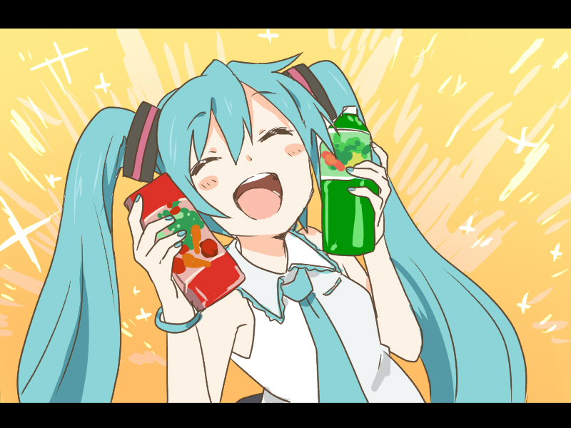 aqua_hair bottle closed_eyes eyes_closed hatsune_miku long_hair necktie poppippoo_(vocaloid) skirt sleeveless ume_(plumblossom) vegetable_juice very_long_hair vocaloid