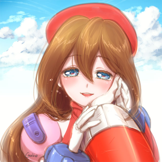 1girl android beret blue_eyes blush brown_hair galibo hand_on_another's_face hat iris long_hair looking_at_viewer open_mouth ponytail robot rockman rockman_x smile tears zero_(rockman)