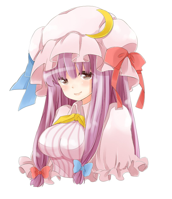 bow bust crescent hair_bow hat light_smile long_hair patchouli_knowledge payot purple_eyes purple_hair rougetsu simple_background solo symbol-shaped_pupils touhou very_long_hair violet_eyes white_background