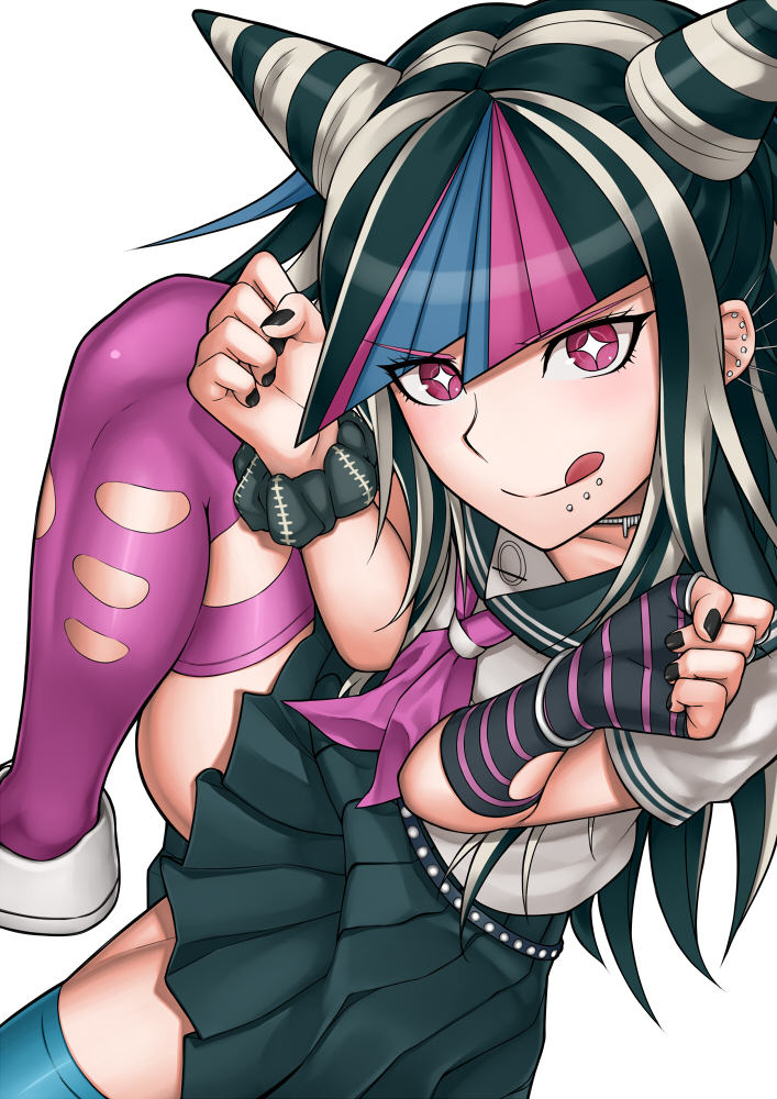 :p aqua_legwear dangan-ronpa dangan-ronpa_2 dangan_ronpa fingerless_gloves gloves gonoike_biwa mioda_ibuki mismatched_legwear multicolored_hair nail_polish piercing pink_hair pleated_skirt purple_eyes purple_legwear school_uniform serafuku skirt solo star star-shaped_pupils super_dangan_ronpa_2 symbol-shaped_pupils thigh-highs thighhighs tongue violet_eyes