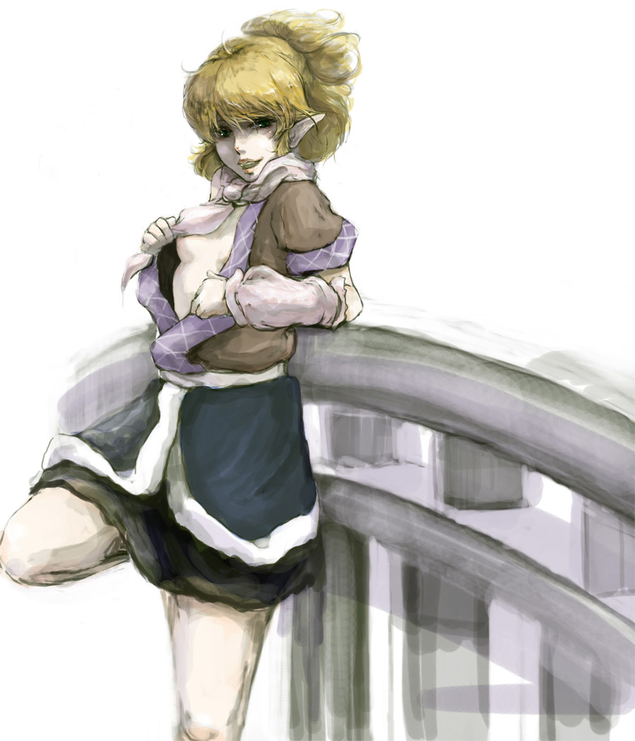 arm_warmers blonde_hair green_eyes mizuhashi_parsee no_bra open_clothes open_mouth pale_skin pointy_ears ponytail scarf skirt solo standing_on_one_leg touhou undressing white_background yuzutaro