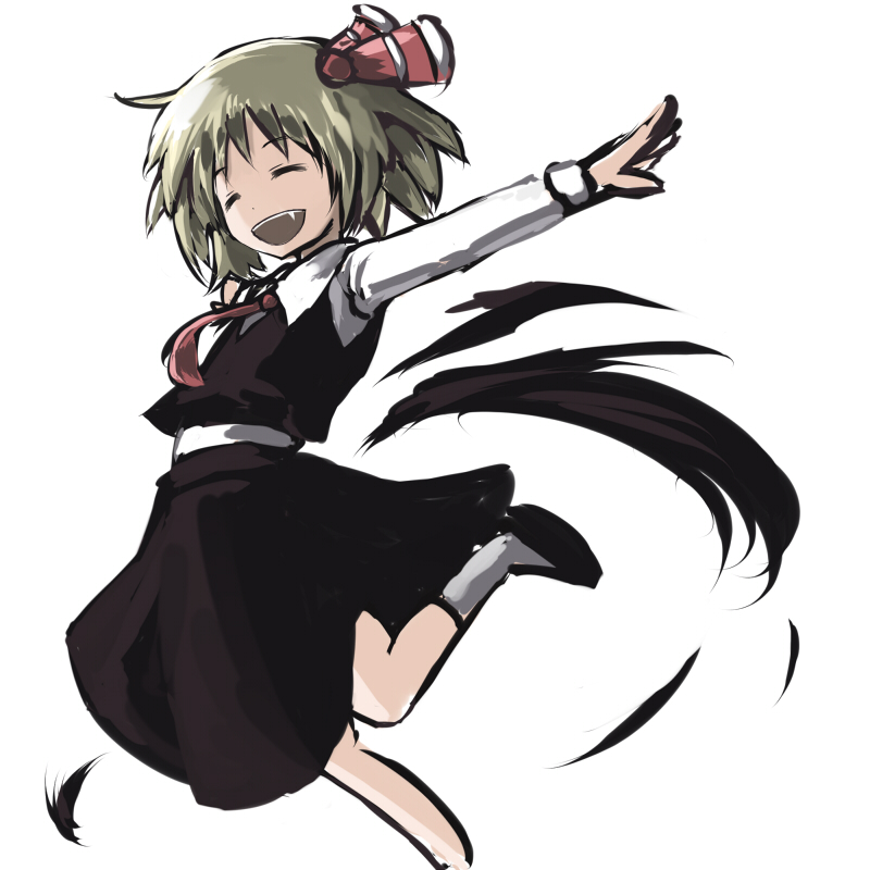 :d blonde_hair closed_eyes darkness eyes_closed fang hair_ribbon juuki_taira open_mouth outstretched_arms ribbon rumia short_hair simple_background smile socks solo spread_arms touhou white_background