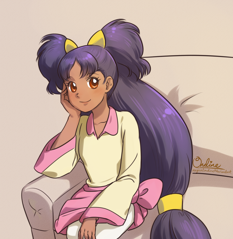 black_hair brown_eyes couch dark_skin hair_ornament iris_(pokemon) long_hair looking_at_viewer low-tied_long_hair magical_ondine pokemon pokemon_(game) pokemon_bw signature sitting smile solo two_side_up very_long_hair