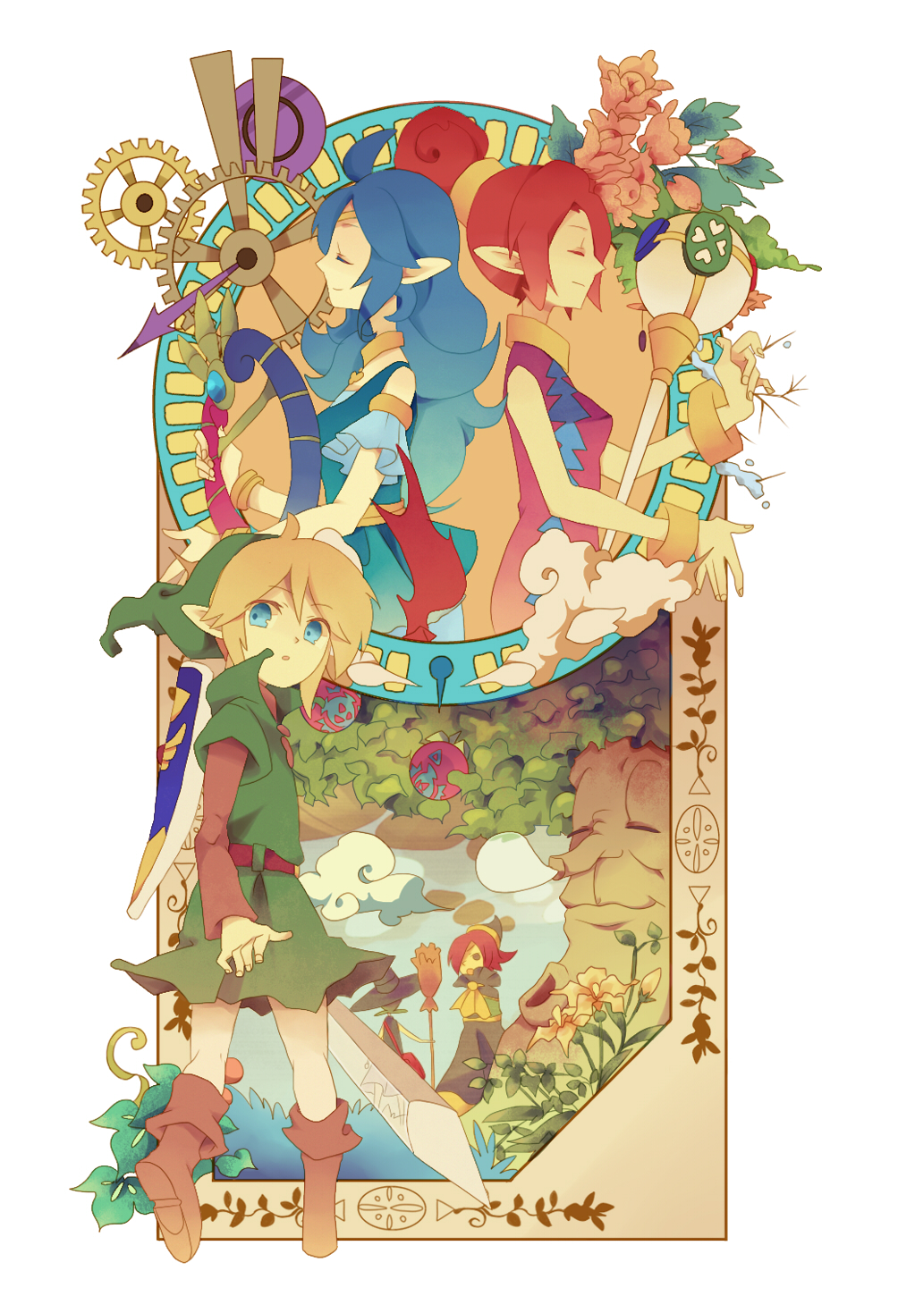 3girls blonde_hair blue_eyes blue_hair broom closed_eyes cloud clouds din eyes_closed frame harp hat highres instrument link long_hair maple_(legend_of_zelda) maple_(the_legend_of_zelda) martha multiple_boys multiple_girls nayru oracle_of_ages oracle_of_seasons pointy_ears ralph_(legend_of_zelda) ralph_(the_legend_of_zelda) red_hair redhead scepter shield sword the_legend_of_zelda tree weapon witch_hat wristband yachi_kou