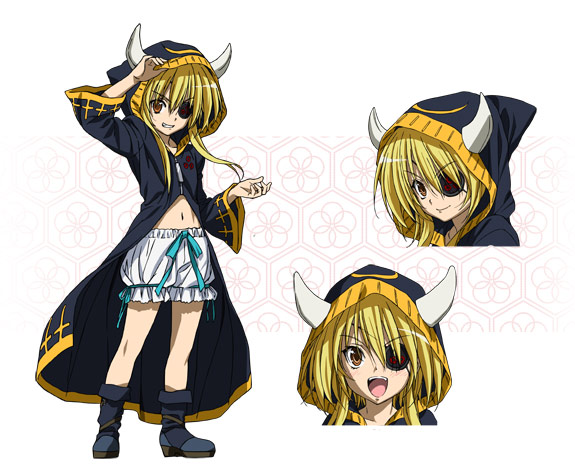 &gt;:) &gt;:d 1girl :d blonde_hair bloomers bontenmaru_(oda_nobuna_no_yabou) boots character_sheet cross date_masamune eyepatch frills hood horns lowres oda_nobuna_no_yabou official_art open_mouth ribbon smile solo white_background yellow_eyes