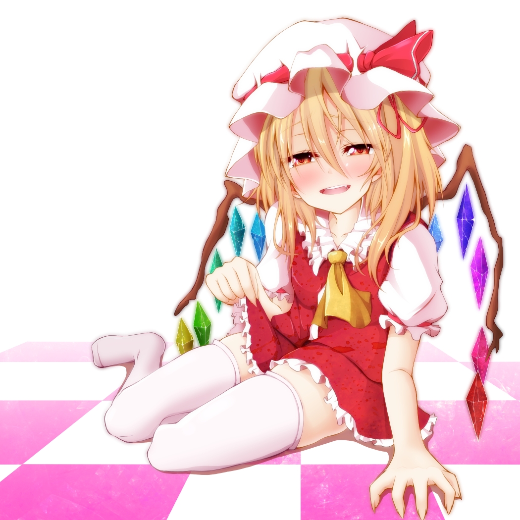 arm_support ascot blonde_hair checkered checkered_floor fang fingernails flandre_scarlet hat long_fingernails looking_at_viewer naobe009 naughty_face open_mouth red_eyes sharp_fingernails sharp_nails short_hair side_ponytail sitting skirt skirt_lift smile solo thigh-highs thighhighs touhou white_legwear wings zettai_ryouiki