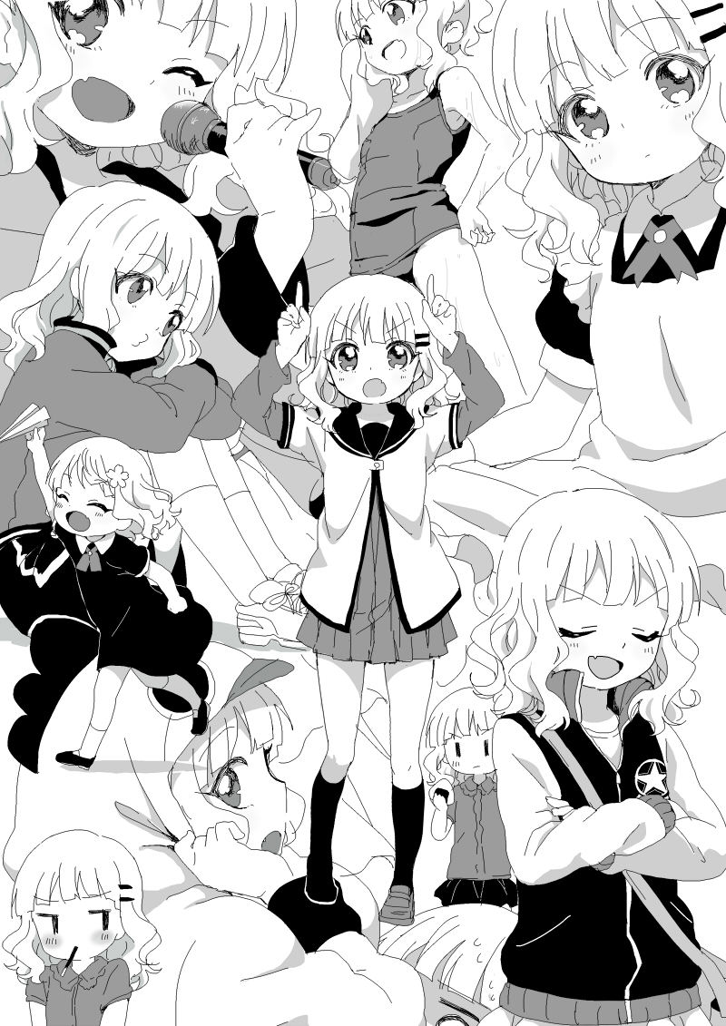 :o ;d ^_^ akakokko closed_eyes crossed_arms expressions eyes_closed fang flat_gaze food_in_mouth hair_ornament hairclip microphone monochrome multiple_persona o3o one-piece_swimsuit oomuro_sakurako open_mouth pocky school_swimsuit school_uniform serafuku shoes smile solo swimsuit wink yuru_yuri ||_||