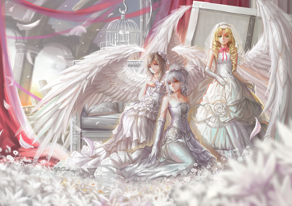 birdcage blonde_hair bow bridal_veil brown_eyes cage couch curtains dress elbow_gloves feathered_wings flower gloves green_eyes grey_eyes grey_hair hair_ornament large_wings long_hair looking_at_viewer multiple_girls original petals saber_01 short_hair silver_hair smile veil wedding wedding_dress white_wings wings