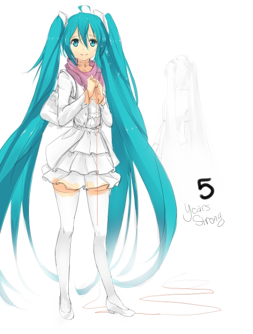 ahoge aqua_eyes aqua_hair english frilled_skirt hair_ornament hatsune_miku jewelry long_hair magister_(bigbakunyuu) necklace partially_colored scarf smile solo thigh-highs thighhighs twintails very_long_hair vocaloid work_in_progress zettai_ryouiki