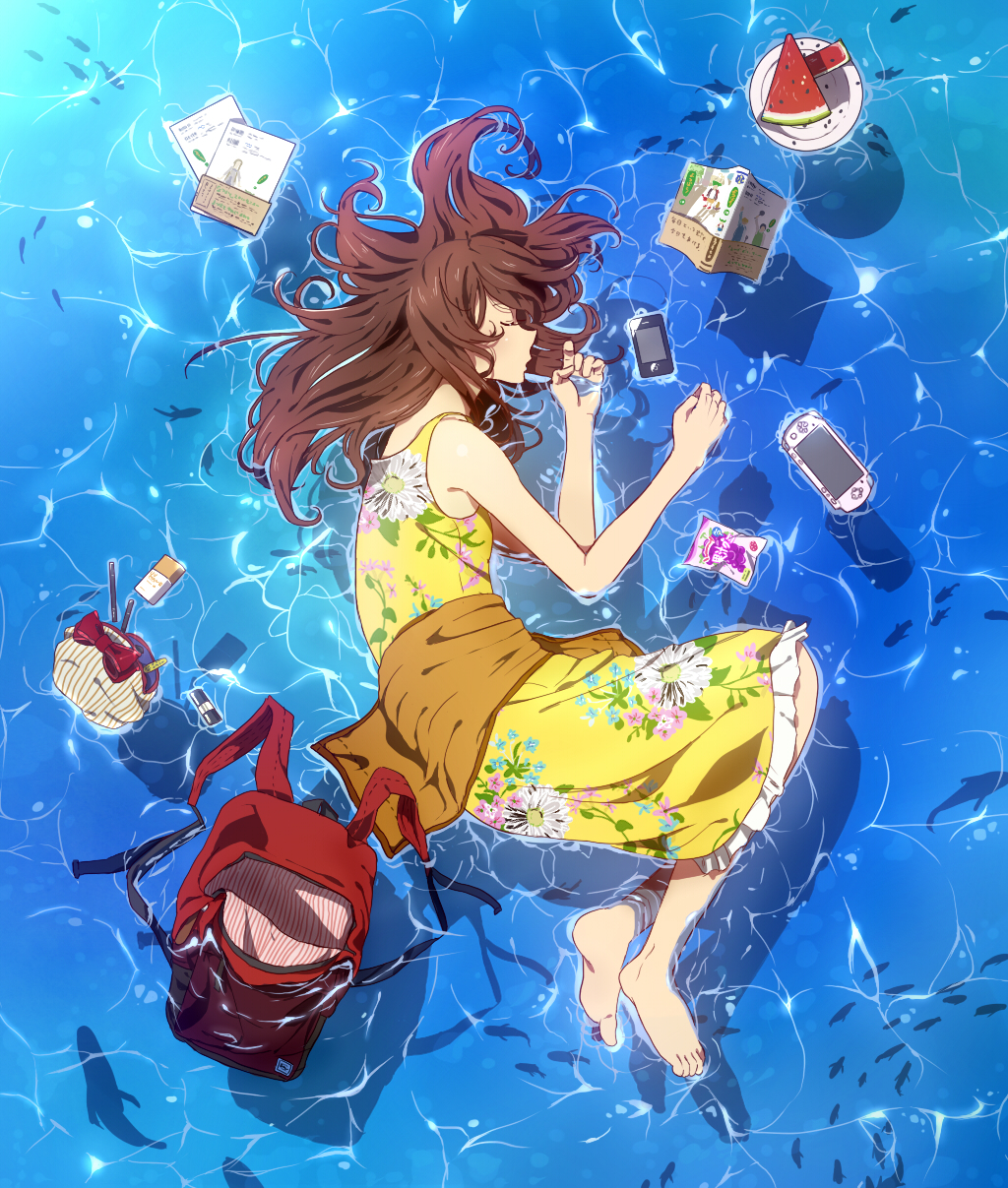 backpack bag bare_shoulders barefoot book brown_hair cellphone closed_eyes dress eyes_closed fish floating food fruit highres long_hair lying mukiryoku on_side original phone playstation_portable sleeping sleeveless solo todoroki_suyoshi water watermelon yotsubato!