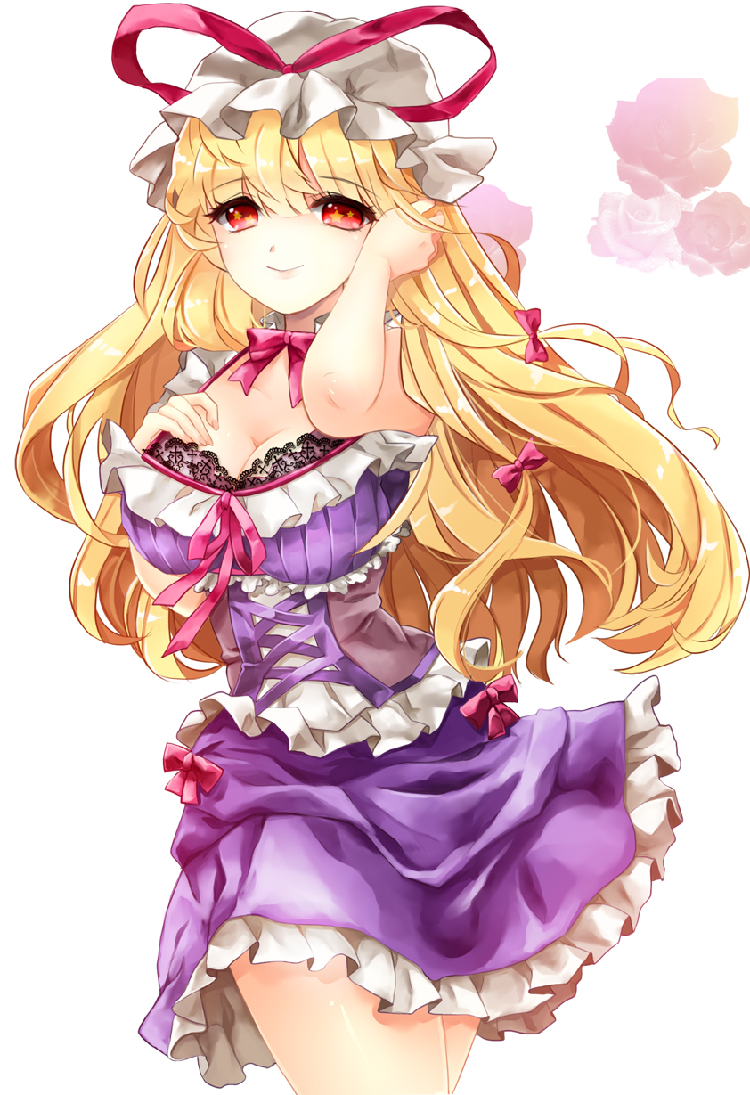 adjusting_hair black_bra blonde_hair bow bra breast_suppress breasts cleavage corset dress flower hair_ribbon hand_in_hair hand_on_own_chest hat hat_ribbon highres lace lace_bra large_breasts long_hair looking_at_viewer pimtteu purple_dress red_eyes ribbon rose smile solo thighs touhou underwear yakumo_yukari