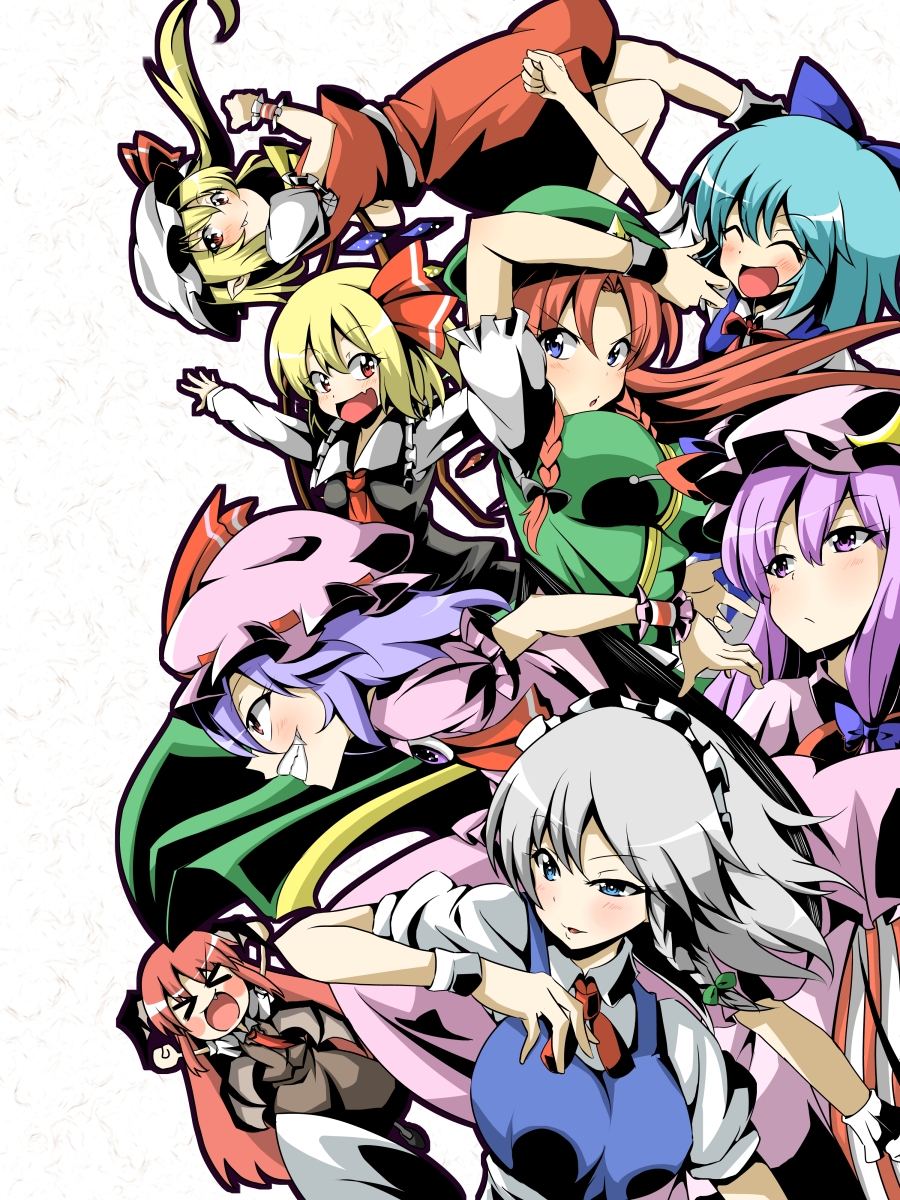 &gt;_&lt; arm_up arms_up blonde_hair blue_eyes blue_hair blush bow breasts brooch cirno closed_eyes eyes_closed fang flandre_scarlet grey_hair grin hair_bow hair_ribbon hat hat_ribbon highres hong_meiling izayoi_sakuya jewelry koakuma lavender_hair long_sleeves maid maid_headdress multiple_girls naodx necktie open_mouth outstretched_arms patchouli_knowledge payot pointy_ears purple_eyes purple_hair red_eyes red_hair redhead remilia_scarlet ribbon rumia short_hair short_sleeves side_ponytail skirt skirt_set smile the_embodiment_of_scarlet_devil touhou violet_eyes wings wrist_cuffs