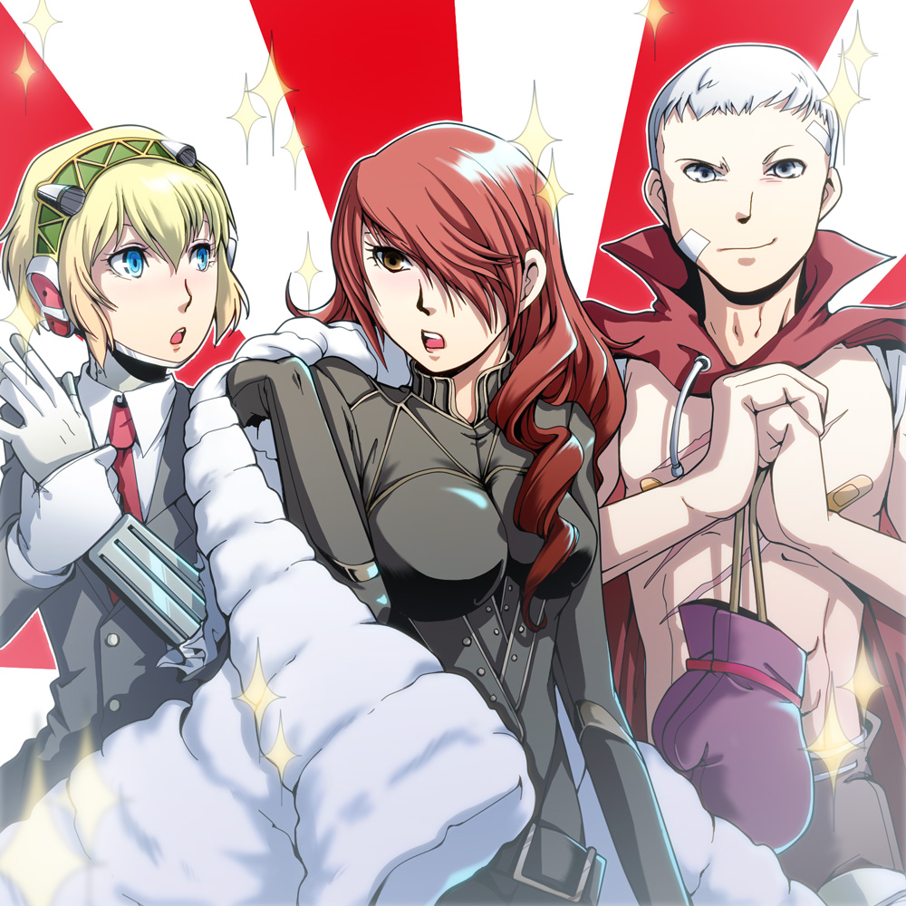 2girls aegis android bandaid blonde_hair blue_eyes boxing_gloves brown_eyes cape cracking_knuckles dress_shirt formal grey_eyes hair_over_one_eye headphones kirijou_mitsuru long_hair multiple_girls necktie persona persona_3 persona_4 persona_4:_the_ultimate_in_mayonaka_arena red_hair redhead sanada_akihiko scar shirt short_hair silver_hair sparkle suit t0kiwa