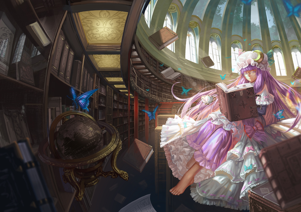 barefoot bespectacled book bookshelf butterfly crescent dome dress floating_book glasses globe hair_ribbon hat indoors library long_hair open_book paper patchouli_knowledge purple_eyes purple_hair ribbon saber_01 solo touhou violet_eyes voile