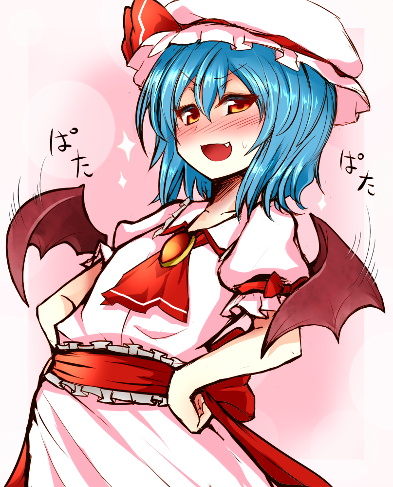 ascot bat_wings blue_hair blush brooch bust flapping hands_on_hips hat jewelry nose_blush red_eyes remilia_scarlet roki_(hirokix) short_hair smug solo sparkle touhou wings
