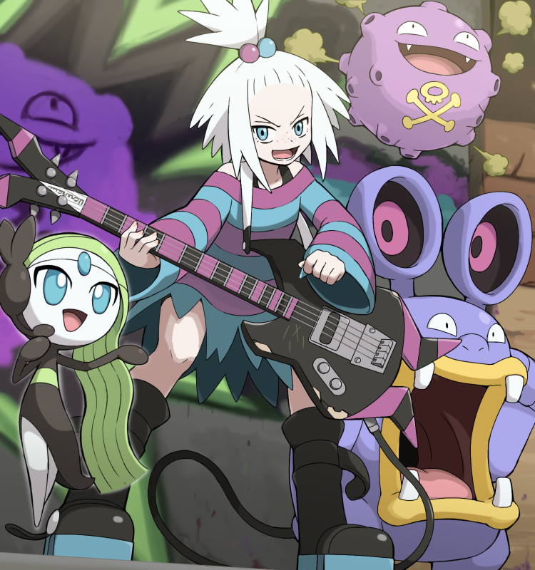 1girl bare_shoulders bass_guitar blue_eyes boots fangs freckles green_hair guitar hair_bobbles hair_ornament homika_(pokemon) instrument koffing looking_at_viewer loudred meloetta open_mouth plectrum pokemoa pokemon pokemon_(creature) pokemon_(game) pokemon_bw2 smile standing white_hair