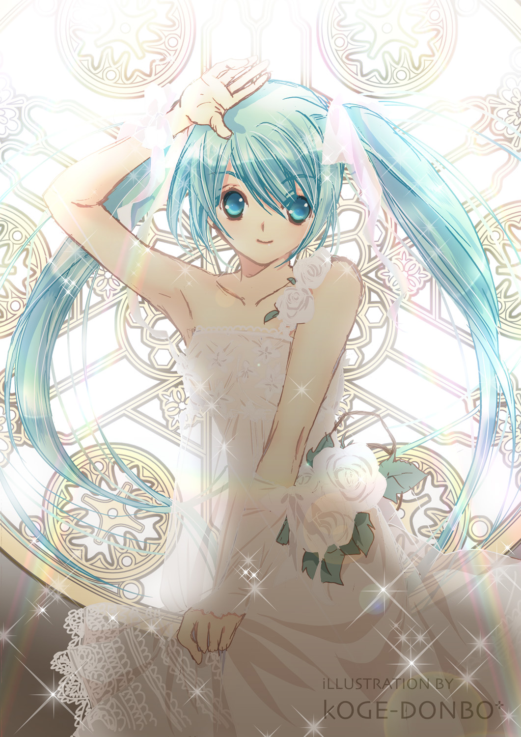 aqua_eyes aqua_hair bare_shoulders bow dress flower hair_bow hatsune_miku highres koge_donbo long_hair looking_at_viewer rose rough smile solo sparkle twintails very_long_hair vocaloid wedding_dress