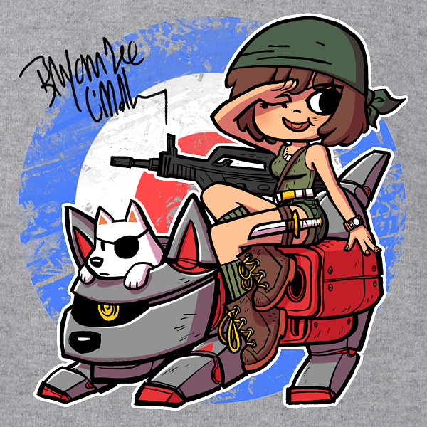 1girl bare_shoulders belt boots brown_hair bryan_lee_o'malley bryan_lee_o'malley character_request commentary cyclops do-rag dog dog_tags eyepatch knife mercenary_kings metal_wolf open_mouth robot salute short_hair shorts signature smile target watch wink