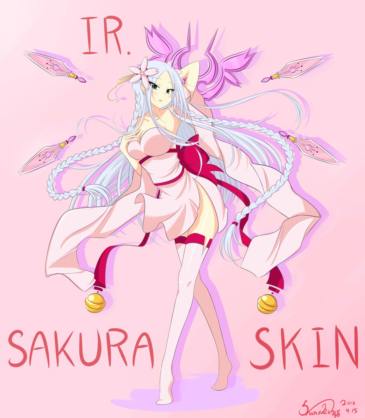 1girl alternate_costume alternate_hairstyle bell blush braid breasts cleavage english flower green_eyes hair_ornament highres irelia large_breasts league_of_legends long_hair ribbon side_slit signature silver_hair solo sunekomoe sword thigh-highs thighhighs twin_braids weapon