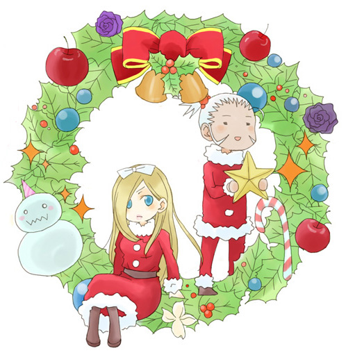 candy_cane chibi christmas fullmetal_alchemist miles miniboy minigirl nina_(happy_parco) olivier_mira_armstrong santa_costume snowman star wreath