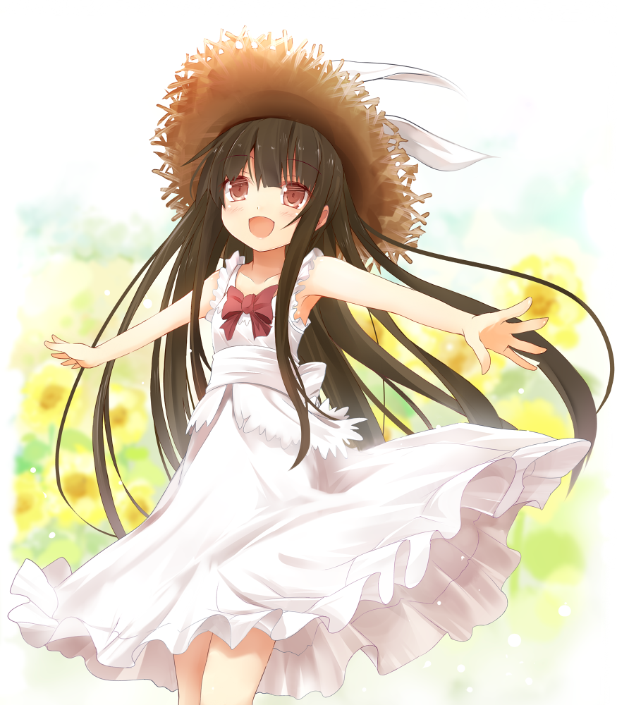 black_hair brown_eyes dress efe flower hat houraisan_kaguya long_hair open_mouth outstretched_arms smile solo spread_arms straw_hat sundress sunflower touhou very_long_hair