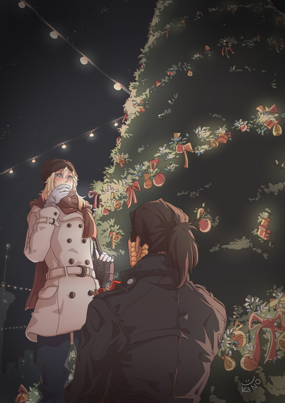 2girls black_hair blonde_hair blue_eyes blush christmas christmas_tree coat covering_mouth hat highres kino_(357652722) mercy_(overwatch) multiple_girls night overwatch pharah_(overwatch) ponytail proposal tears wife_and_wife winter_clothes yuri