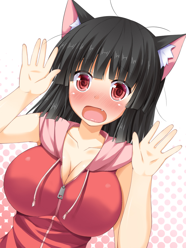 animal_ears asa_no_ha black_hair blush breasts cat_ears cleavage collarbone fang large_breasts open_mouth original red_eyes short_hair solo