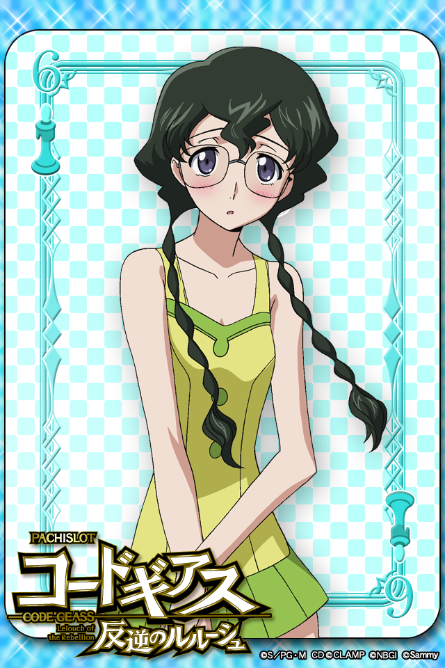 black_hair blush braid card_(medium) checkered checkered_background chess_piece code_geass glasses looking_at_viewer nina_einstein official_art one-piece_swimsuit purple_eyes ribbon solo swimsuit twin_braids violet_eyes