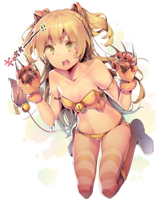 animal_ears bare_shoulders blonde_hair collarbone ds_mairu female green_eyes idolmaster idolmaster_cinderella_girls jougasaki_rika kneeling lion_ears lion_tail long_hair navel open_mouth paws simple_background solo striped striped_legwear tail teeth text thigh-highs thighhighs tongue translated translation_request two_side_up white_background