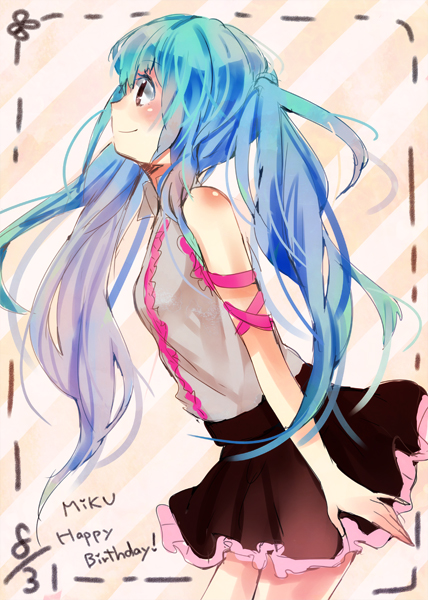 aqua_hair character_name dated happy_birthday hatsune_miku hinanosuke long_hair skirt smile solo striped striped_background twintails very_long_hair vocaloid