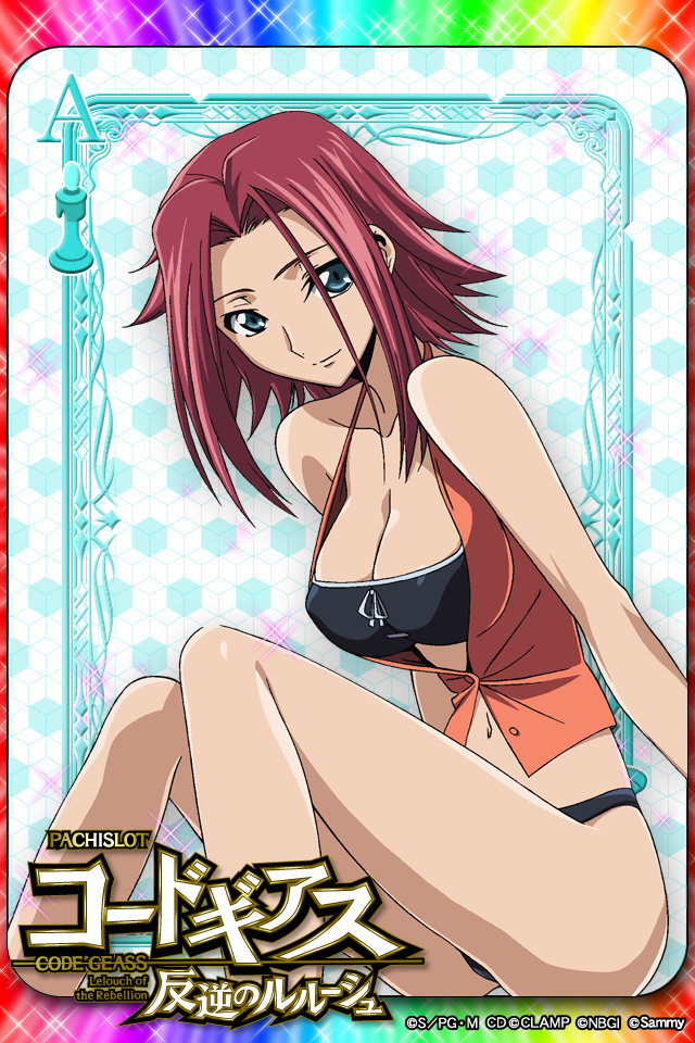 bikini blue_eyes breasts card_(medium) checkered checkered_background chess_piece cleavage code_geass kallen_stadtfeld large_breasts looking_at_viewer navel official_art red_hair redhead short_hair sitting solo swimsuit swimsuit_under_clothes