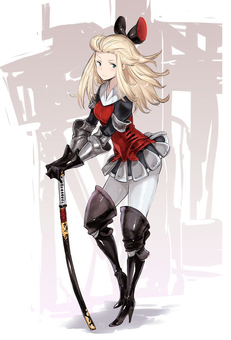 armor armored_dress armored_skirt blonde_hair blue_eyes blush boots bow bravely_default:_flying_fairy edea_lee gauntlets gloves hair_bow high_heels katana leaning_forward long_hair looking_at_viewer original pantyhose saitom shoes skirt solo sword thigh-highs thigh_boots thighhighs weapon white_legwear